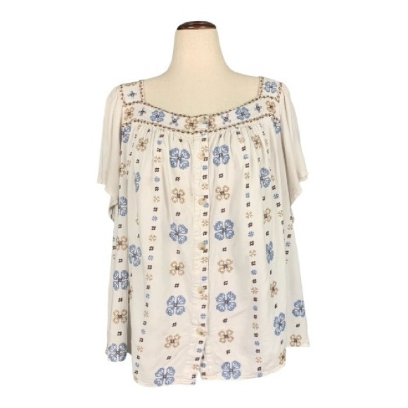 Torrid Embroidered Square Neck Short Sleeve Blouse Beach Linen Blend Sz 28-30 - Picture 3 of 11